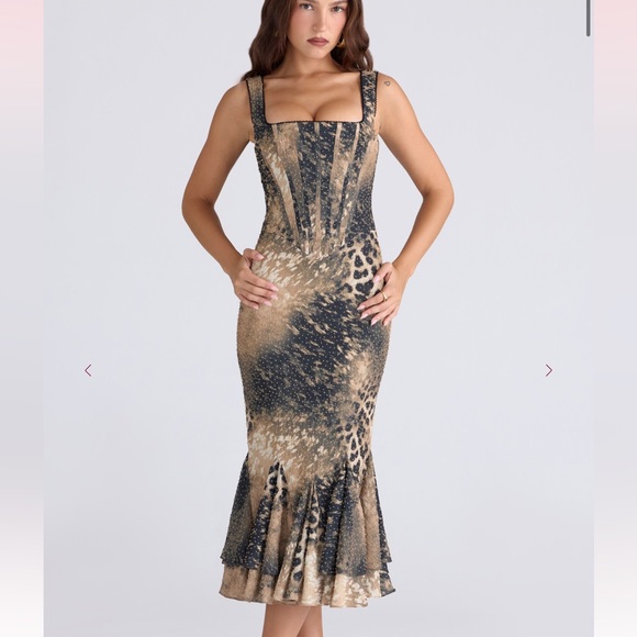 AMARIA Leopard Print Hand Beaded Embellished Midi Dress - house of cb AMARIA Leopard Print Hand Beaded Embellished Midi Dress - house of cb